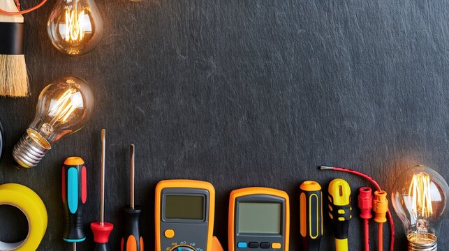 Electrical testing tools and glowing filament bulbs arranged on a dark textured work surface