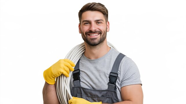 Smiling electrician in work gloves carries a coiled cable against a white background