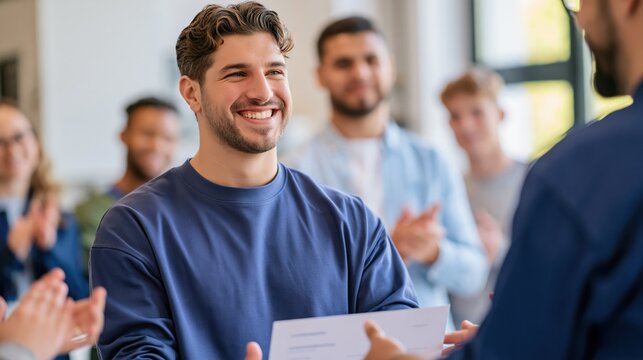 Smiling vocational student receives a certificate as classmates applaud at a training ceremony