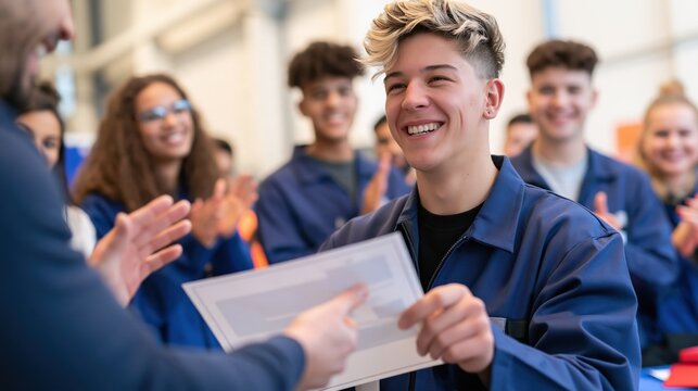 Smiling electrical student receives a certificate as classmates applaud during vocational training