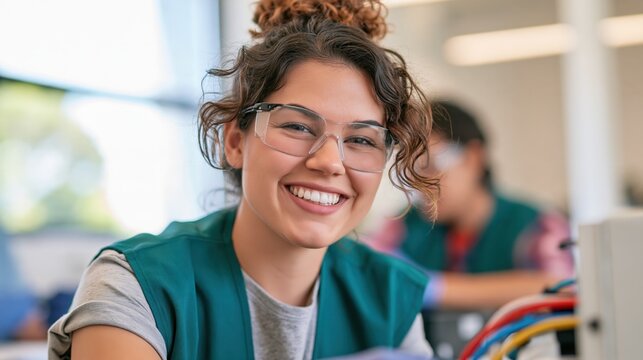 Smiling electrician in a teal work vest and safety glasses in a bright technical workspace