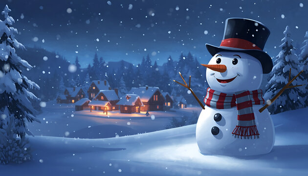 winter wonderland greeting card: merry christmas and happy new year with happy snowman in snowy landscape