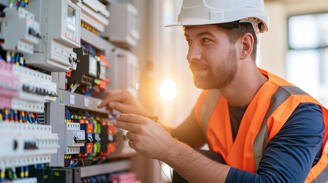 Electrician in safety gear inspecting an electrical control panel in warm workshop light