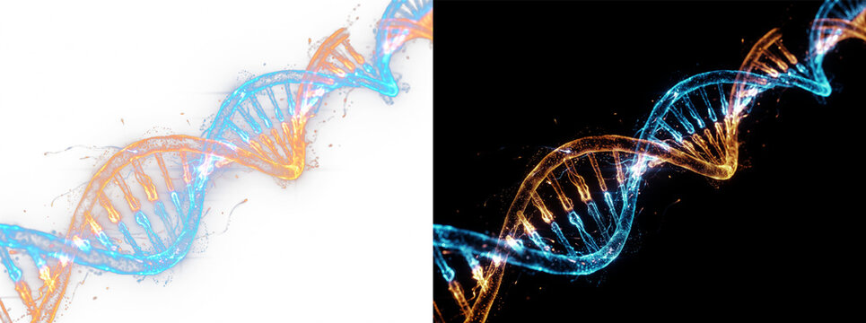 Dna double helix structure made of glowing particles and fluid splashes, scientific concept of genetic code isolated on transparent background