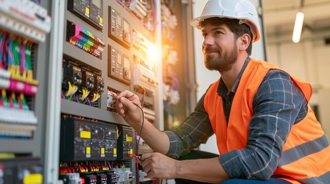 Electrician inspecting industrial control panels in safety gear at a brightly lit workplace