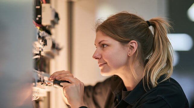 Young woman electrician uses a screwdriver to work on an electrical control panel