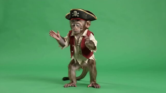 Baby Monkey in Pirate Costume on Green Screen - A realistic baby monkey is seen dressed in a charming pirate Halloween outfit, featuring a vest and a hat with a skull and crossbones emblem.