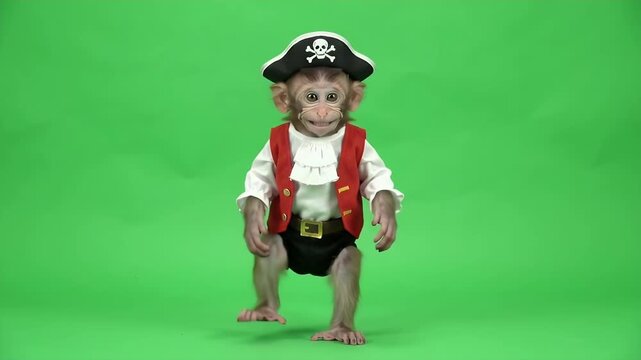 Baby Monkey in Pirate Halloween Costume on Green Screen - A baby monkey is dressed in a playful pirate Halloween outfit, complete with a hat and vest, and is seen dancing energetically.