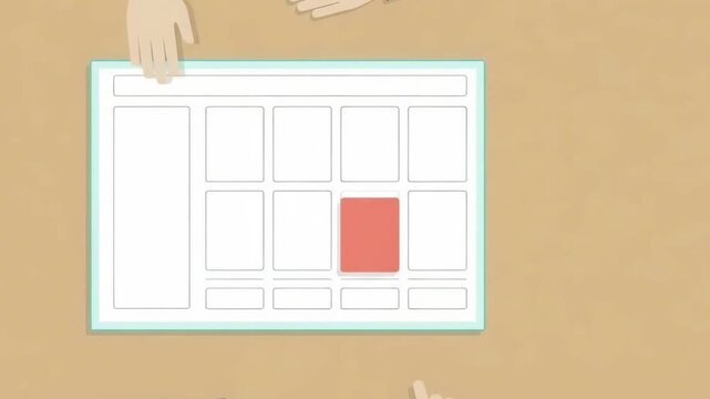 Flat 2D animation of business team collaborating and placing note on planning board