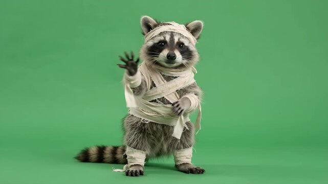 Baby Raccoon in Mummy Costume on Green Screen - A cute baby raccoon is dressed in a mummy wrap costume, standing on a chroma key green background.
