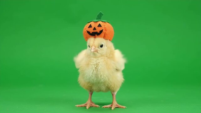 Cute Chick Wearing Pumpkin Hat on Green Background - A fluffy chick joyfully hops while wearing a tiny pumpkin hat, set against a vivid green background.