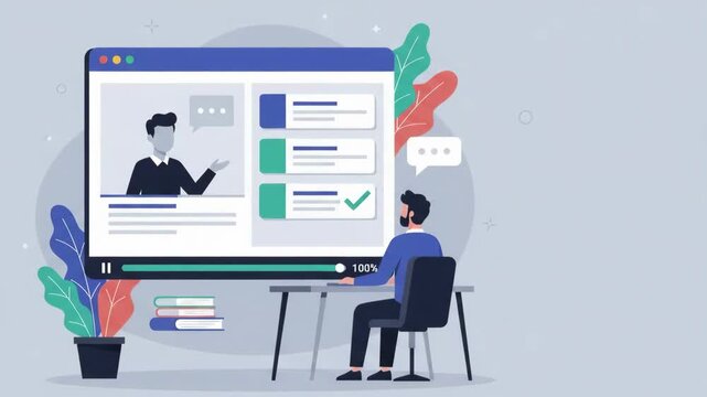 Man watching online corporate training video and finishing course module flat animation