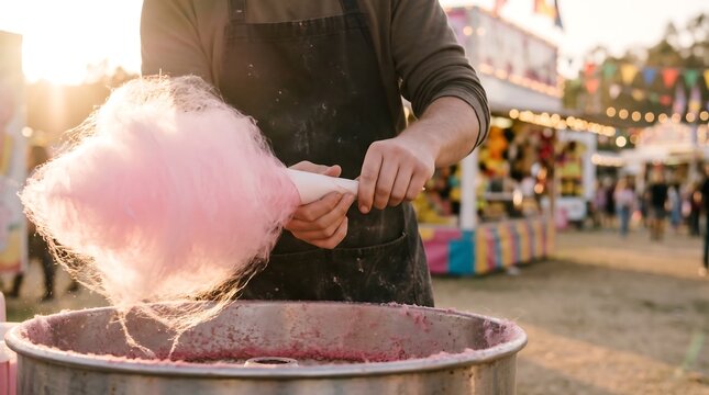 Making pink cotton candy at a funfair