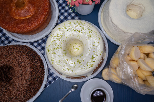 Overhead view of brazilian assorted delicious cakes