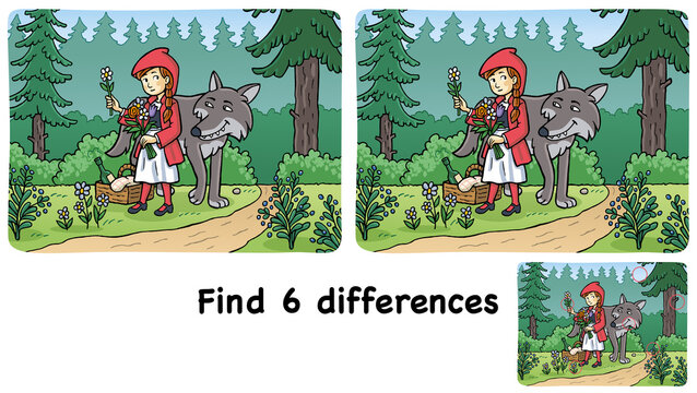 Little Red Riding Hood with wolf in forest. Picture puzzle. Find 6 differences.