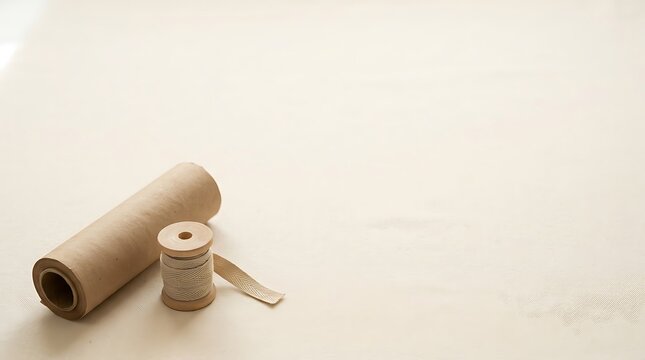 Kraft paper roll and spool of twine for gift wrapping and crafting.
