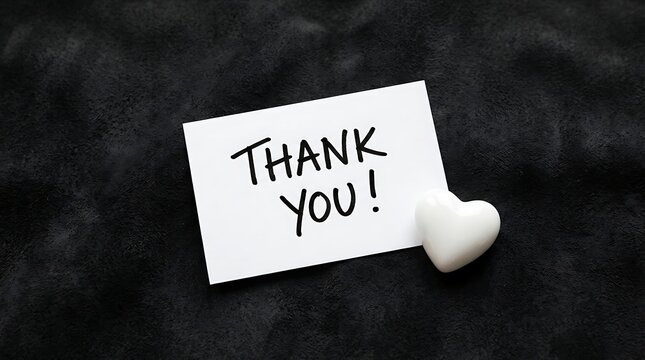 White Paper Note with Thank You Message Attached to Small Heart Shape Clip on Dark Textured Surface