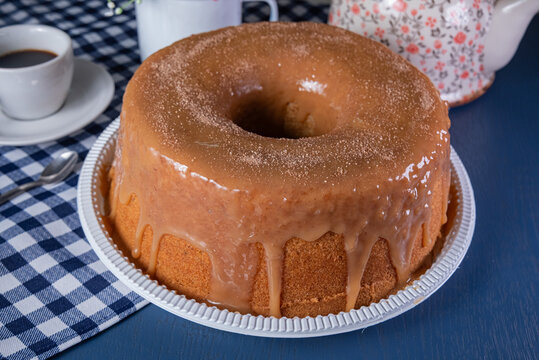 Brazilian Cake with Caramel Glaze and Coffee Drink