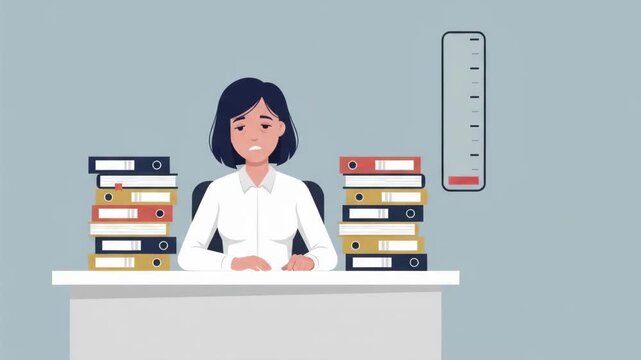 Exhausted Office Worker Stressed by Increasing Workload and Stacks of Folders