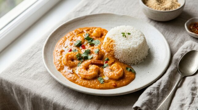 Brazilian shrimp bobo with creamy cassava sauce and white rice