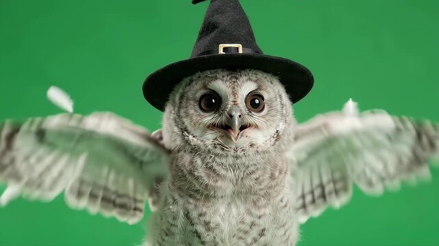 Owl Chick in Witch Hat on Green Screen - A realistic owl chick wears a witch hat, fluttering its wings excitedly against a pure green screen backdrop.