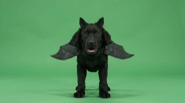Puppy in a Bat Cape on Green Screen - A playful puppy wearing a bat-themed cape sits against a pure green screen backdrop.