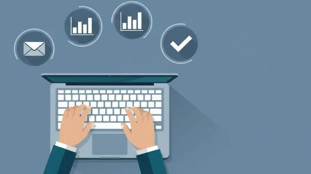 2D flat animation of businessman hands typing on a laptop with data and email icons
