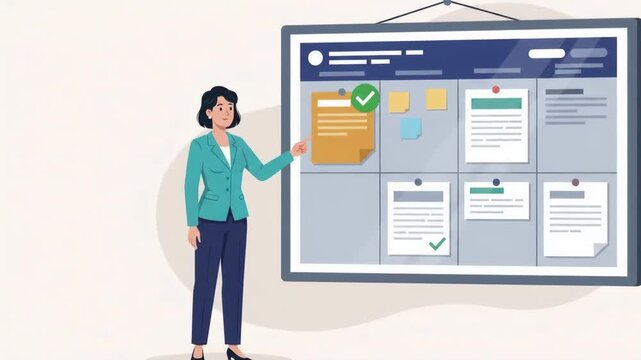 2D Flat Animation of a Businesswoman Managing Project Tasks on a Kanban Board