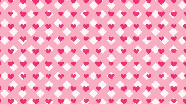 Seamless looping pink and white heart pattern background with diamond shapes, romantic motion graphic.