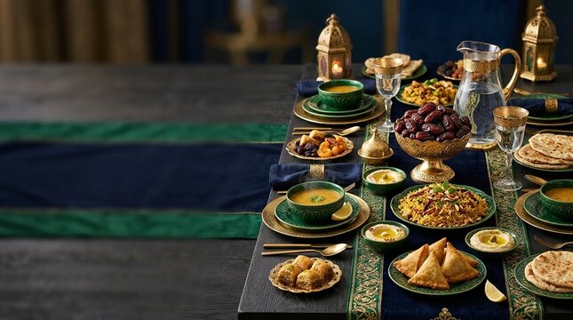 Ramadan iftar table with dates soup and lanterns in green and gold