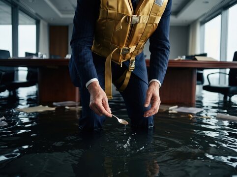 Conceptual image of a businessman wearing a life vest attempting to scoop water with a teaspoon inside a flooded executive office, symbolizing corporate crisis and futile effort.