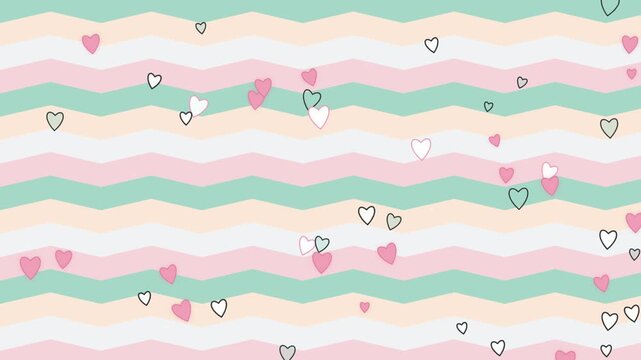 Animated pastel hearts floating upwards on zigzag pattern background.