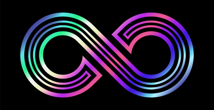 Holographic Metallic Infinity Symbol on Black Background for Luxurious, Eternal, and Endless Concepts. Vector Illustration