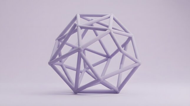 Complex geometric wireframe structure resembling an icosahedron or polyhedral shape made of interconnected light purple rods on a solid background