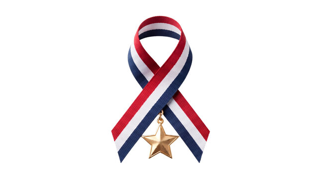 Patriotic Red White and Blue Ribbon with Gold Star Medal, No Background, Transparent PNG