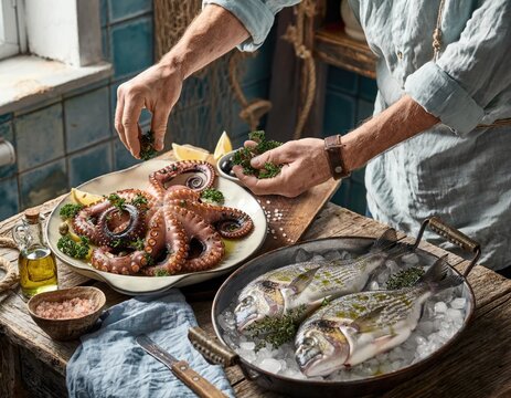 Hands arranging fresh octopus and fish on ice in a rustic kitchen