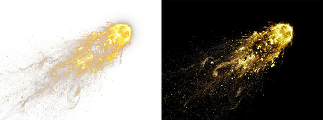 Golden fire comet or meteor trail with glowing sparks and particles isolated on transparent background © Fazla Rabbi