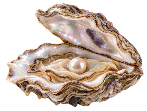 Close-up of opened oyster shell with iridescent mother-of-pearl interior and pearl isolated on transparent background