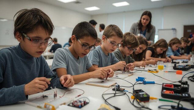 Group of students wearing safety goggles and learning electronics by building circuits on breadboards in a modern classroom.