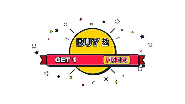 Animated buy two get one free promotion labels on white background