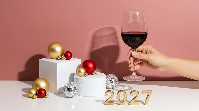 Hand holding red wine glass with 2027 text beside gold and red Christmas baubles and disco balls on white pedestals against a soft pink background for New Year celebration