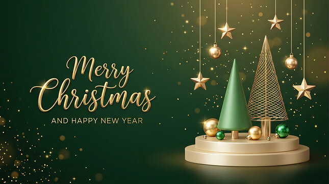 Merry Christmas and Happy New Year festive greeting with mini tree baubles stars and gold accents