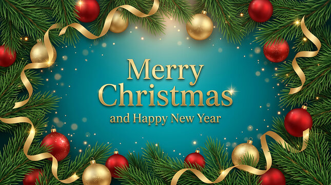 Merry Christmas and Happy New Year greeting with green garland gold and red baubles glittery background