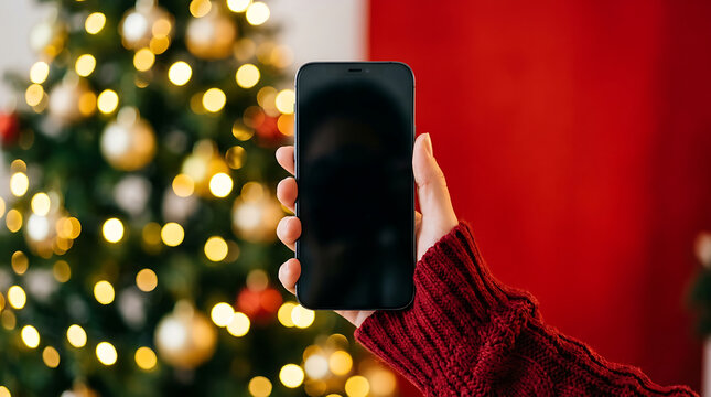 Hand holding smartphone with black screen in front of christmas tree lights