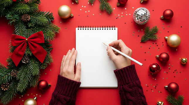 Hands writing in notebook surrounded by christmas decorations on red background