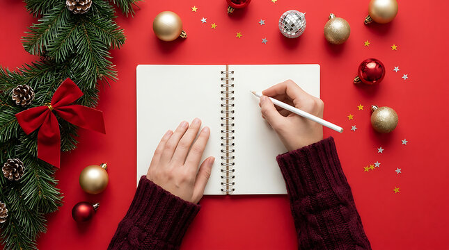 Person writing holiday gift list with pen on notebook surrounded by christmas ornaments and greenery on red background