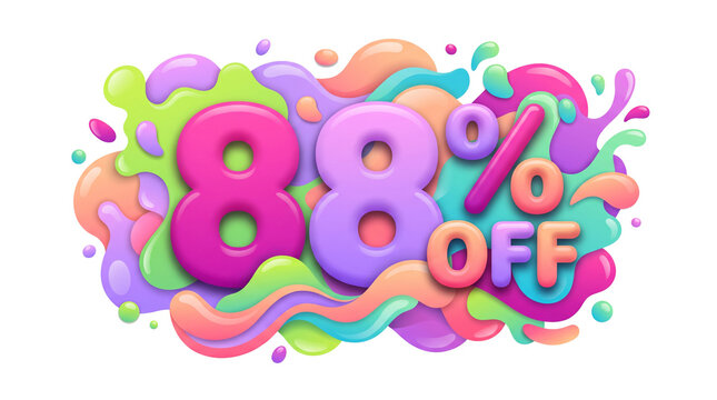 Colorful vector illustration of eighty eight percent off text with liquid splash effects discount promotion offer sale percentage eighty-eight offering reduction markdown splatter blob flowing