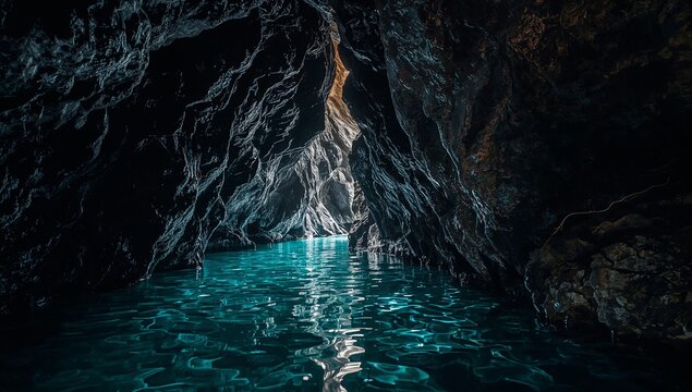 An interior view of a cavern with turquoise water, textured rock walls, and a bright passage opening at the end.