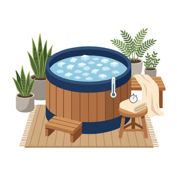 Cold plunge ice bath tub with thermometer timer and potted plants