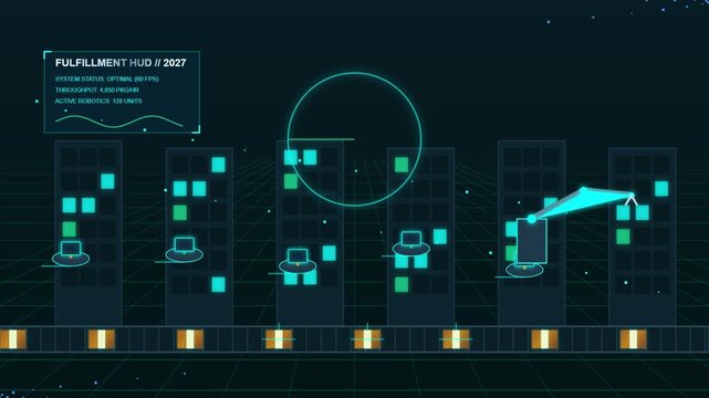 Futuristic digital warehouse fulfillment interface showing automated robotic arm picking inventory units within smart facility logistics motion graphic.